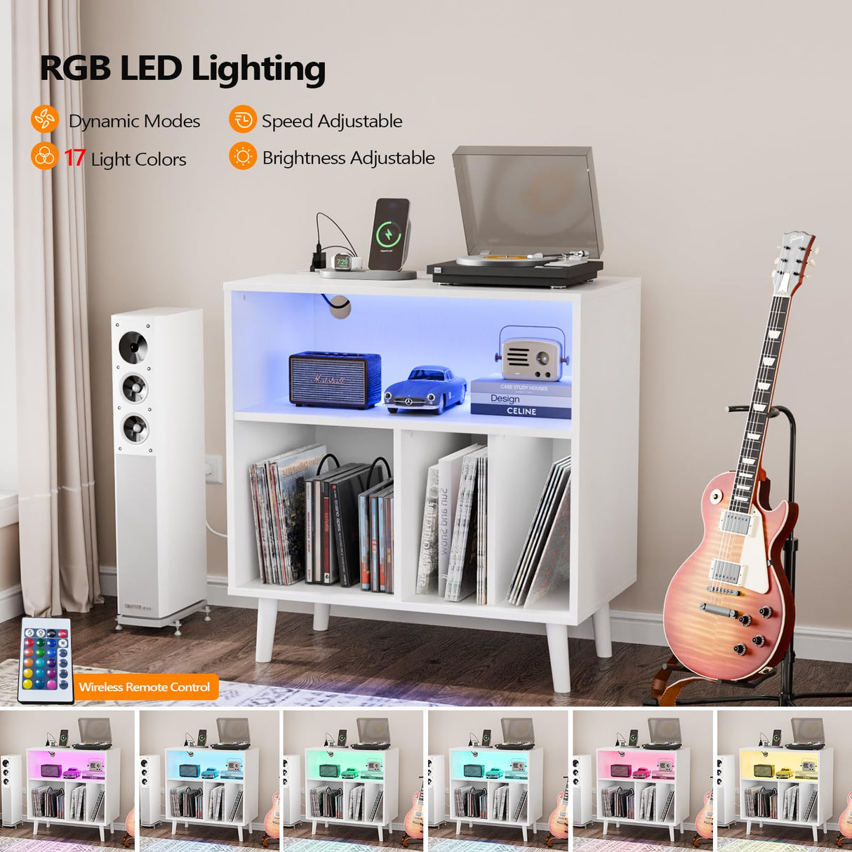 VINGLI Record Player Stand with Open Vinyl Storage, Mid-Century Album Storage Table with LED Light up to 300 Albums, Vinyl Record Player Shelf with Power Outlet for Living Room, White VINGLI