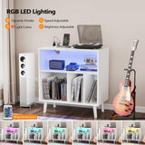 VINGLI Record Player Stand with Open Vinyl Storage, Mid-Century Album Storage Table with LED Light up to 300 Albums, Vinyl Record Player Shelf with Power Outlet for Living Room, White VINGLI
