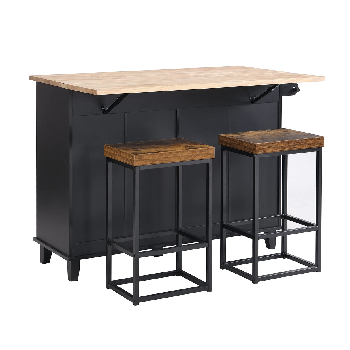 Bellemave 3 Piece Kitchen Bar Table Set Kitchen Island Set with 2 Stools and Drop Leaf, Island Table Set with Seating, Storage Cabinet, Drawers and Towel Rack (Black) Bellemave