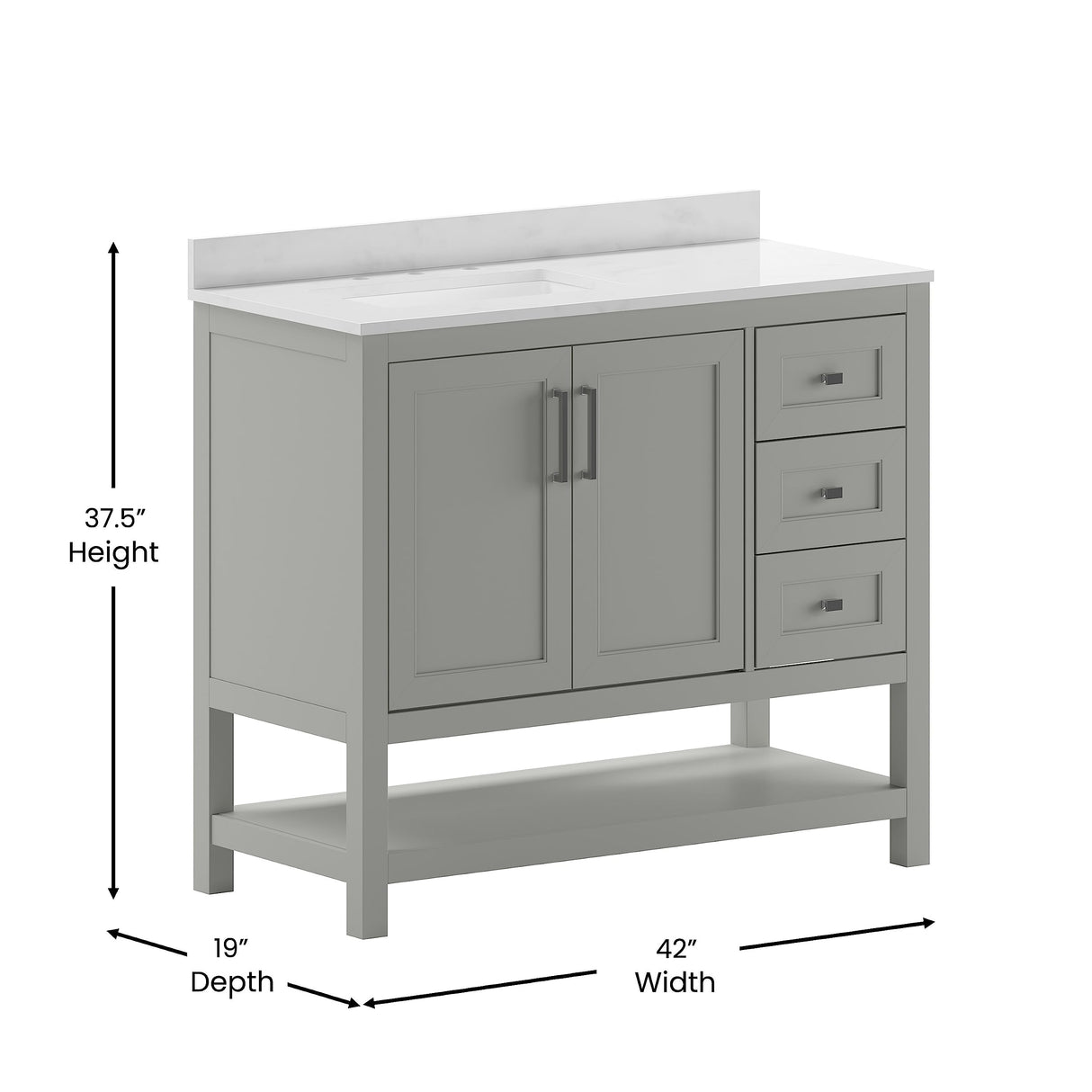 EMMA + OLIVER Vesta 42 Inch Bathroom Vanity, Single Sink Cabinet with 2 Soft Close Doors, Open Shelf and 3 Drawers, Carrara Marble Finish Countertop, Gray EMMA + OLIVER