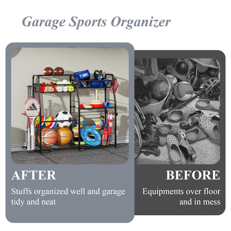LUMAMU Garage Organizer - Sports Equipment Organizer Rack, Ball Storage Rack, Garage Organizer System for Sports Gear and Toys, Indoor/Outdoor Ball and Toy Storage, Black LUMAMU