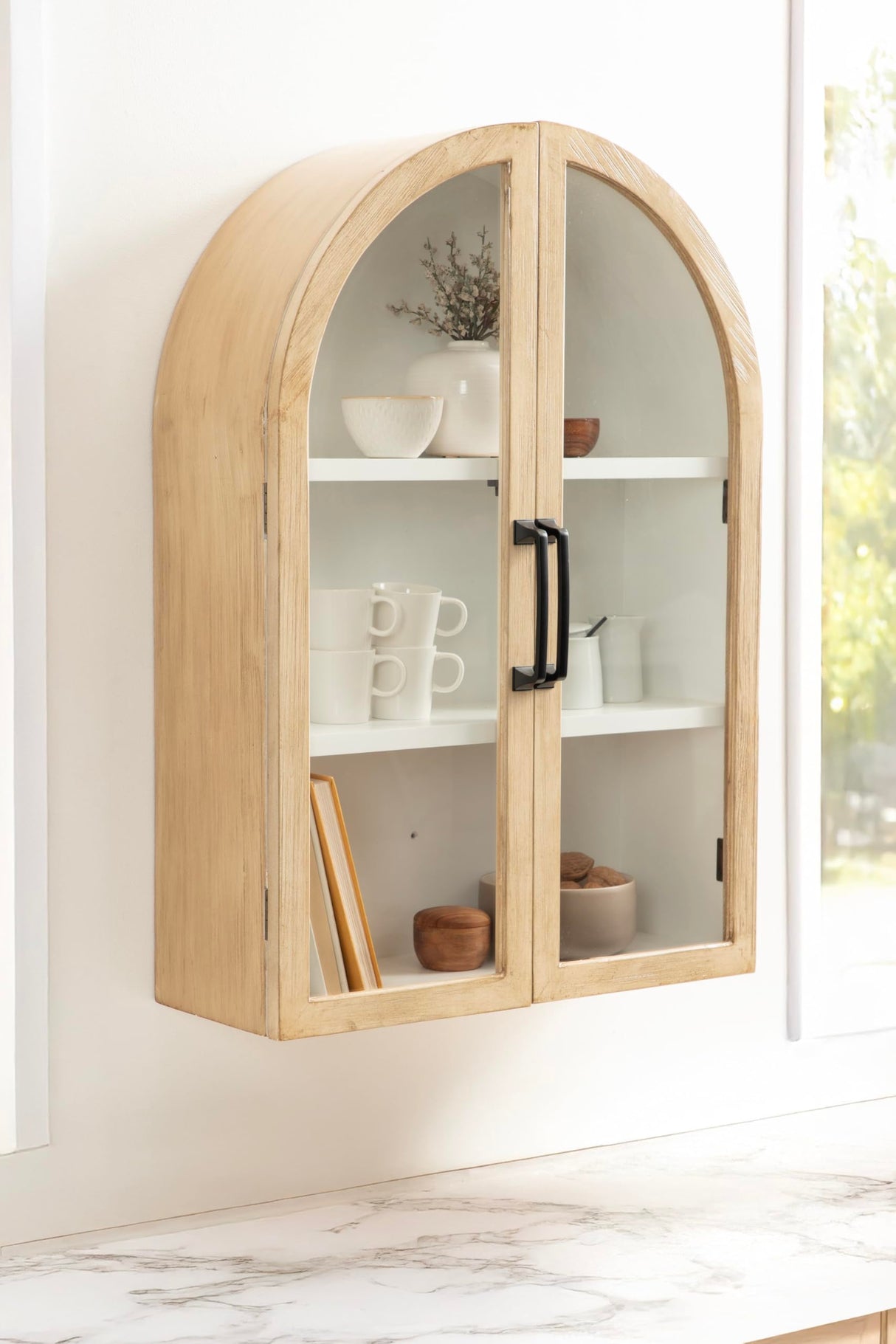 Kate and Laurel Arcott Modern Arch Wall Cabinet, 21 x 8 x 30, Natural Wood and White, Transitional Arched Cabinet for Use as Over-The-Toilet Storage or Living Room Storage Cabinet Kate and Laurel