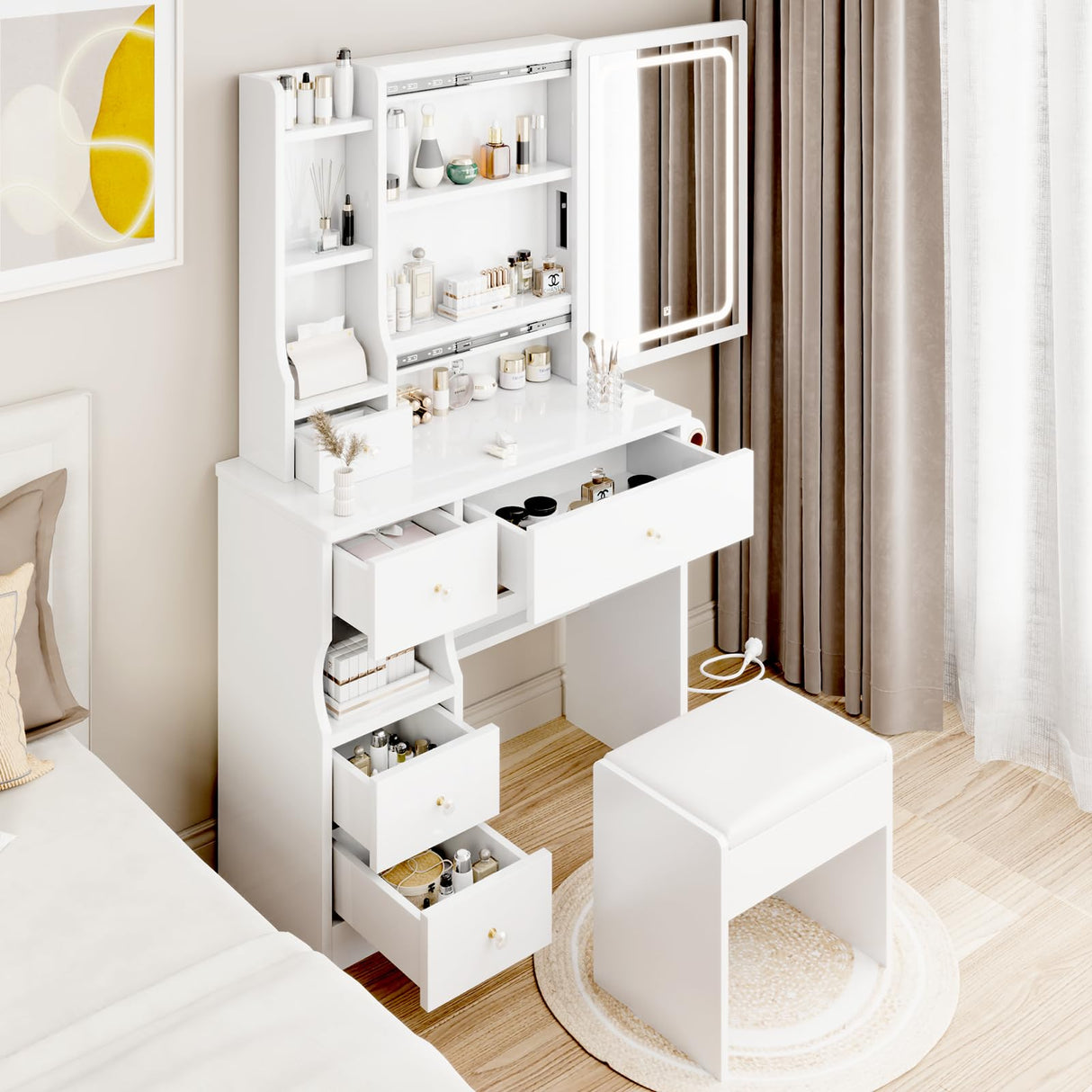 Edamon Vanity Desk with Lights and Chair, 2 AC+2 USB Power Station and Hair Dryer Bracket, Extra Large Touch Control Sliding LED Mirror, 3 Lighting Modes,Brightness Adjustable White Vanity (white, A) Edamon