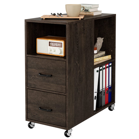 HOSTACK End Side Table, Narrow Nightstand with Storage Drawers and Adjustable Shelf, Rolling Bedside Table for Bedroom, Living Room, Home Office, Dark Brown HOSTACK