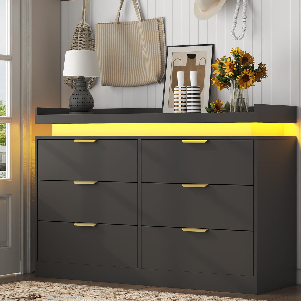 UNIQUITE 6 Drawer Dresser for Bedroom, Black Dresser with LED Lights and Power Outlet, Wooden Dressers Chests of Drawers, Double Wide Dressers for Bedroom, Living Room, Hallway UNIQUITE