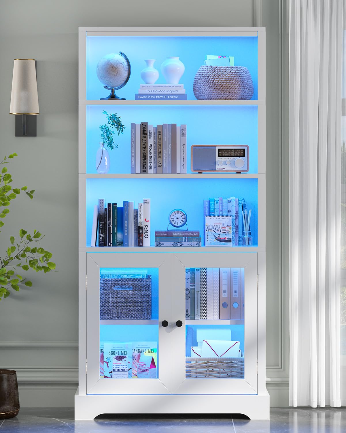 TVU 5-Tier Bookshelf, 65" Bookshelf with Multi-Color Ambient Lights (APP Remote Control), Tall Vertical Display Shelf with Cabinet Doors, Suitable for Living Room, Bedroom, Study, Office, White TVU
