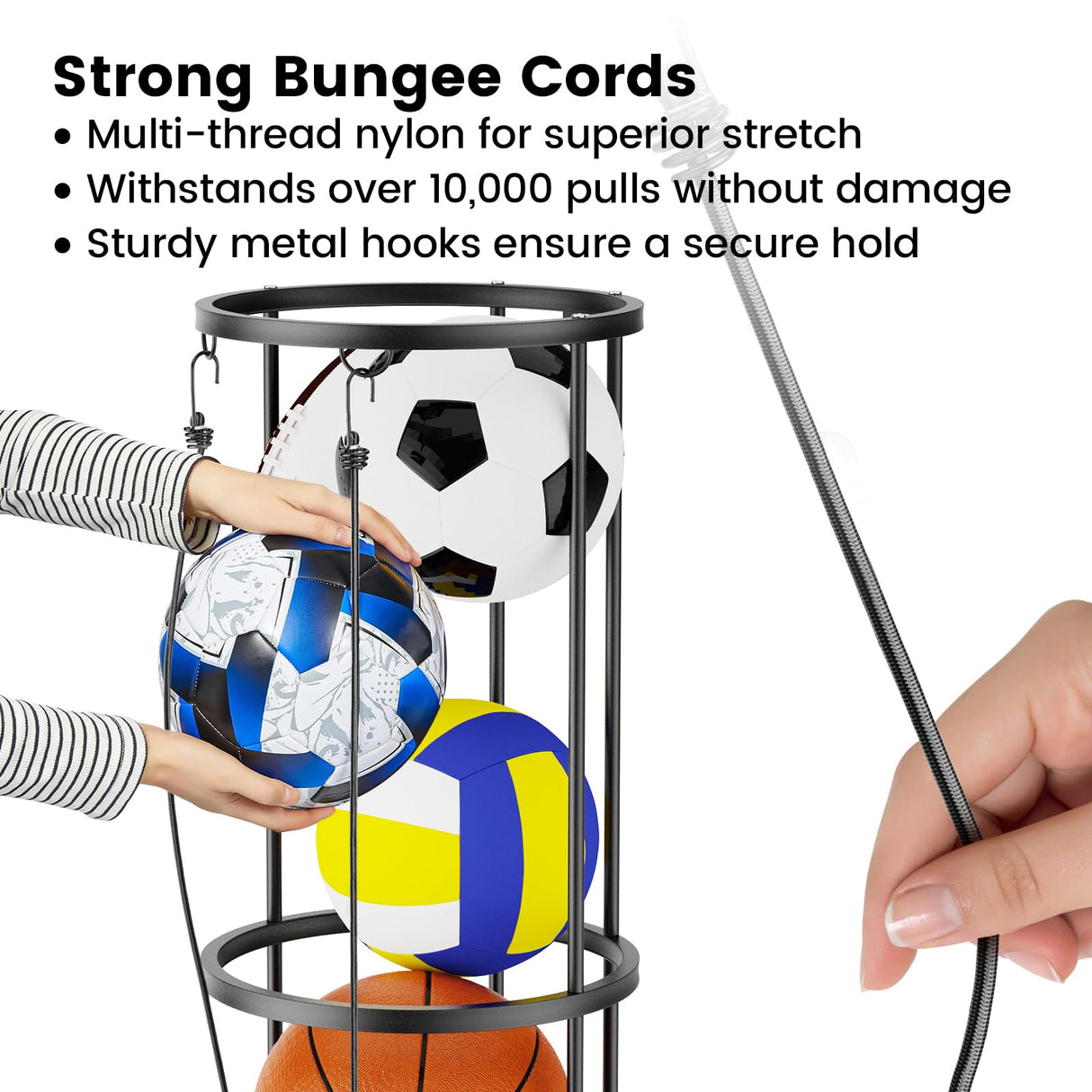 Garage Ball Storage Rack – Freestanding & Wall Mounted Sports Organizer with Elastic Cords Holds 7 Balls – Space Saving Basketball Soccer Football Holder for Home Kids Room WoodArtSupply