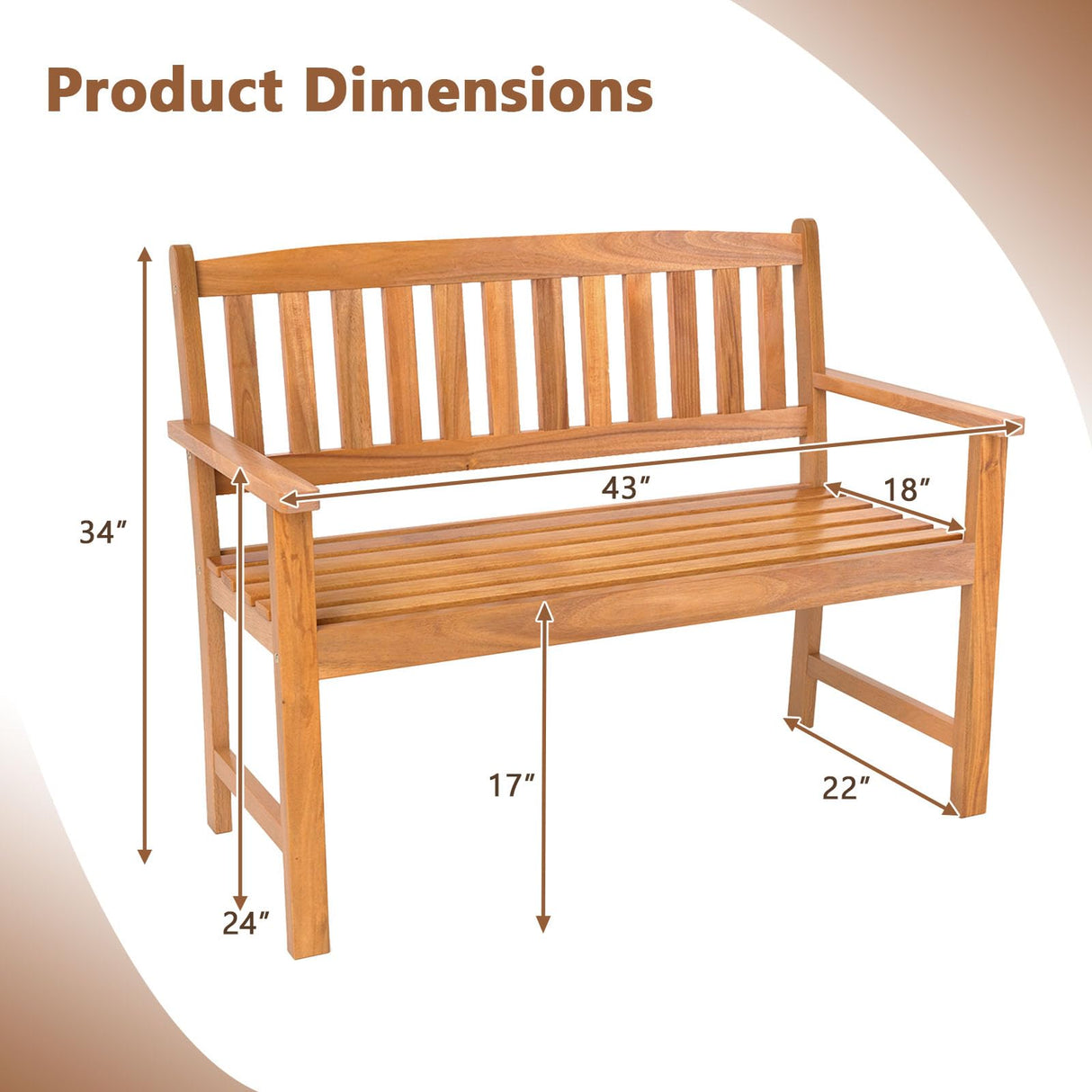 COSTWAY Wooden Bench Outdoor, Sturdy Outdoor Acacia Wood Bench for Garden, Park & Porch, 43”L x 22”W x 34”H, Teak COSTWAY