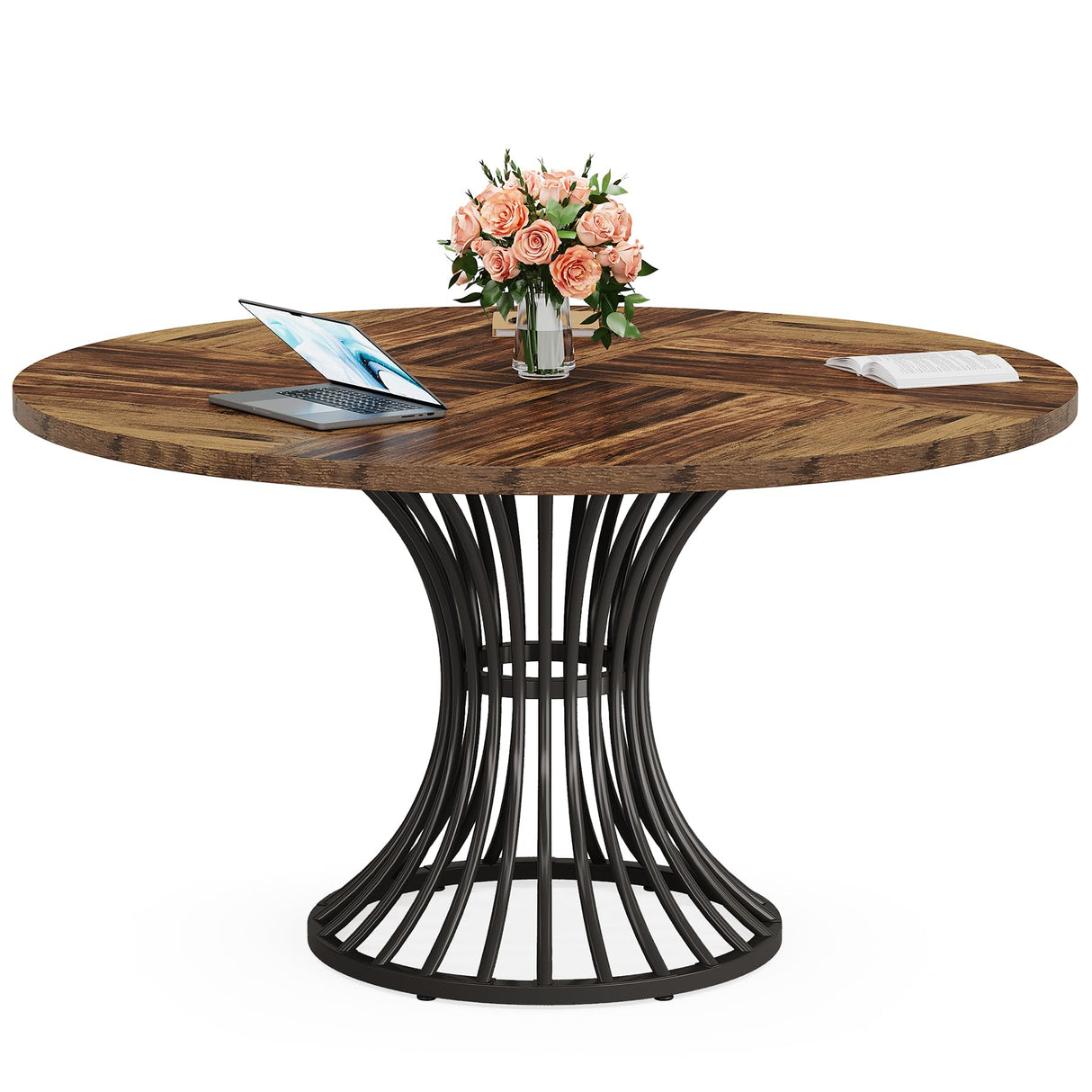 Tribesigns Round Conference Table for 4-6, 47-Inch Conference Room Table with Thickened Tabletop and Metal Base, Industrial Meeting Table for Office Meeting Room, Rustic Brown Tribesigns