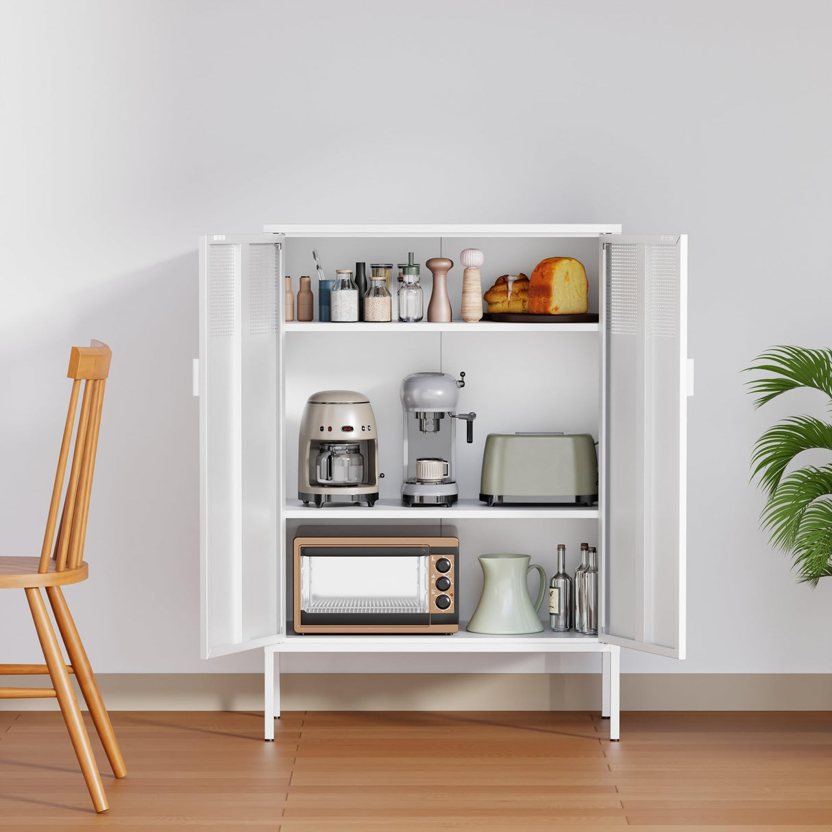 Ustamio White Metal Storage Cabinet with Doors and Shelves, 3 Tier Metal Office Storage Cabinet, Metal Locker Storage Cabinet for Home, Office, Living Room and Entryway Ustamio