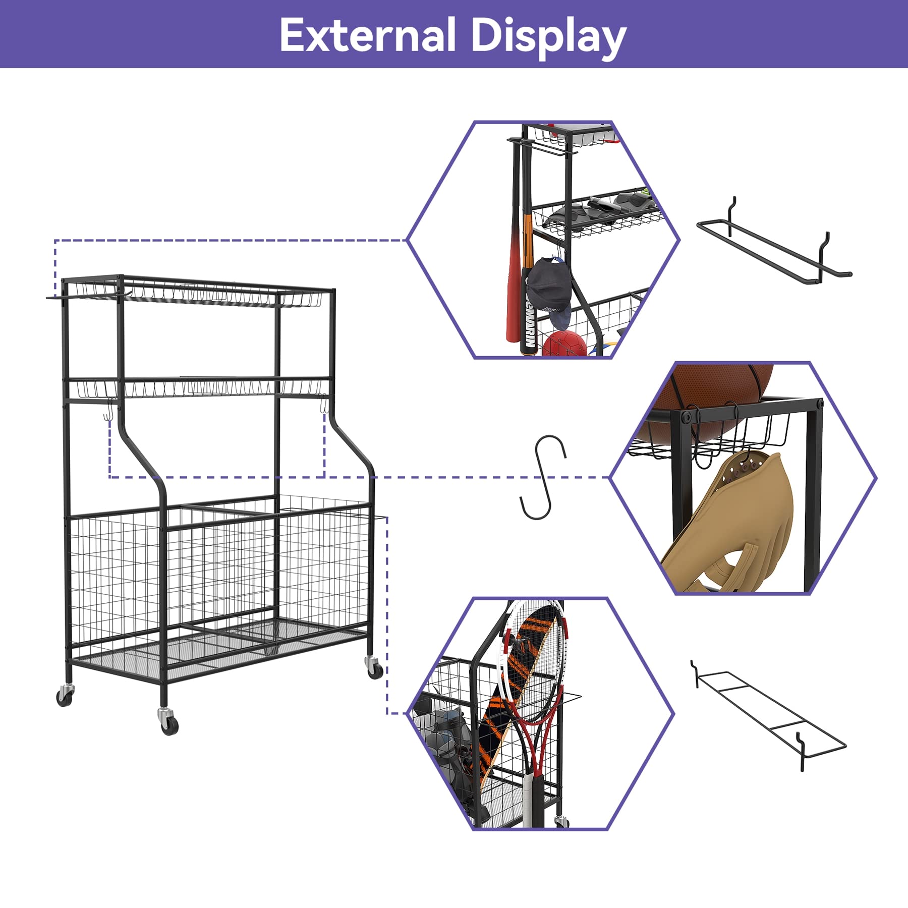 WALMANN Garage Ball and Sports Equipment Organizer, Ball Storage Rack Indoor/Outdoor Kids Ball/Toy Storage Organizer Bins, Rolling Ball Cart with Baskets - WoodArtSupply