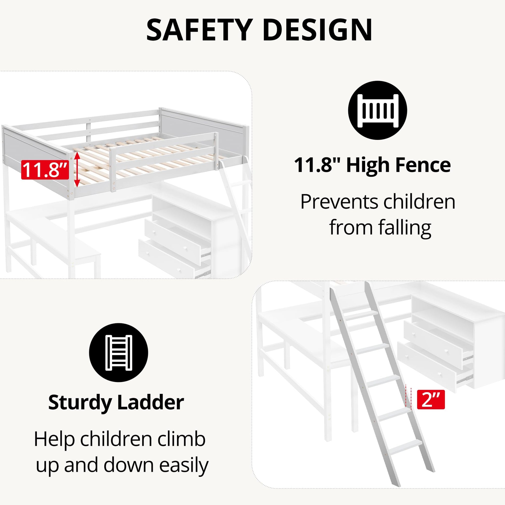 Full Size Solid Wood Loft Bed with Desk, Storage Shelves and Drawers in White - WoodArtSupply