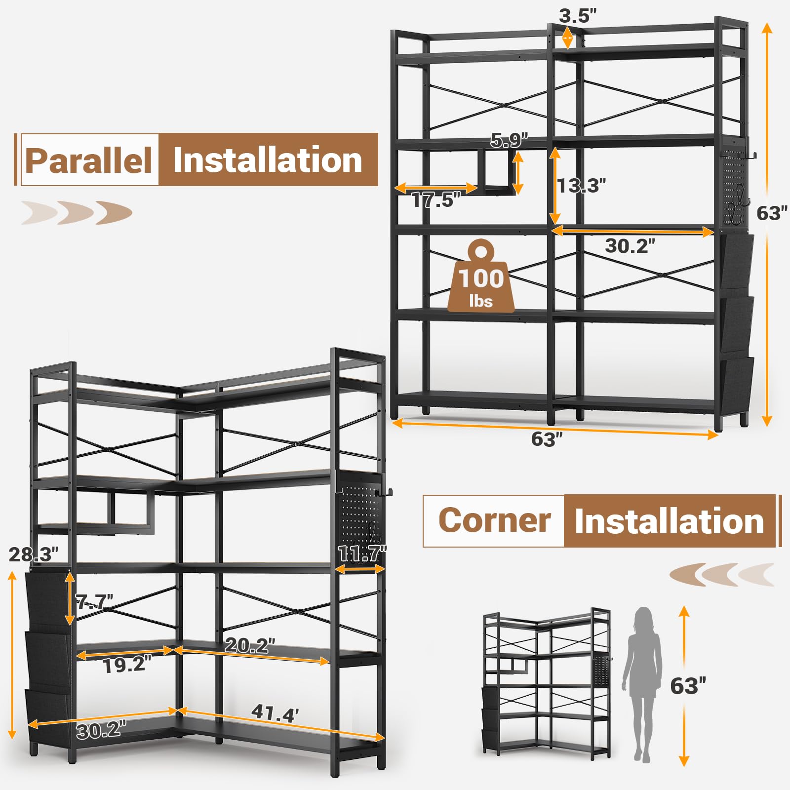 Itaar 5-Tier Convertible Corner Bookshelf with LED Light, Pegboard & Storage – Black - WoodArtSupply