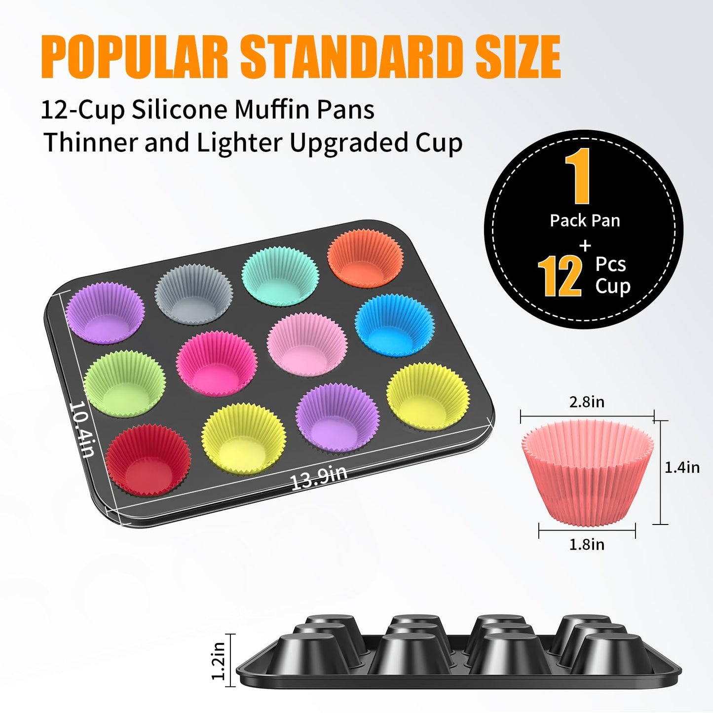 WIBIMEN Muffin Pan with 12 Silicone Cupcake Baking Cups - Non-stick Regular Size Cupcake Pan - Reusable Muffin Tin Baking Pans Set for Making Muffin Cakes, Tart, Bread(1PCS: 12-Cup Regular)