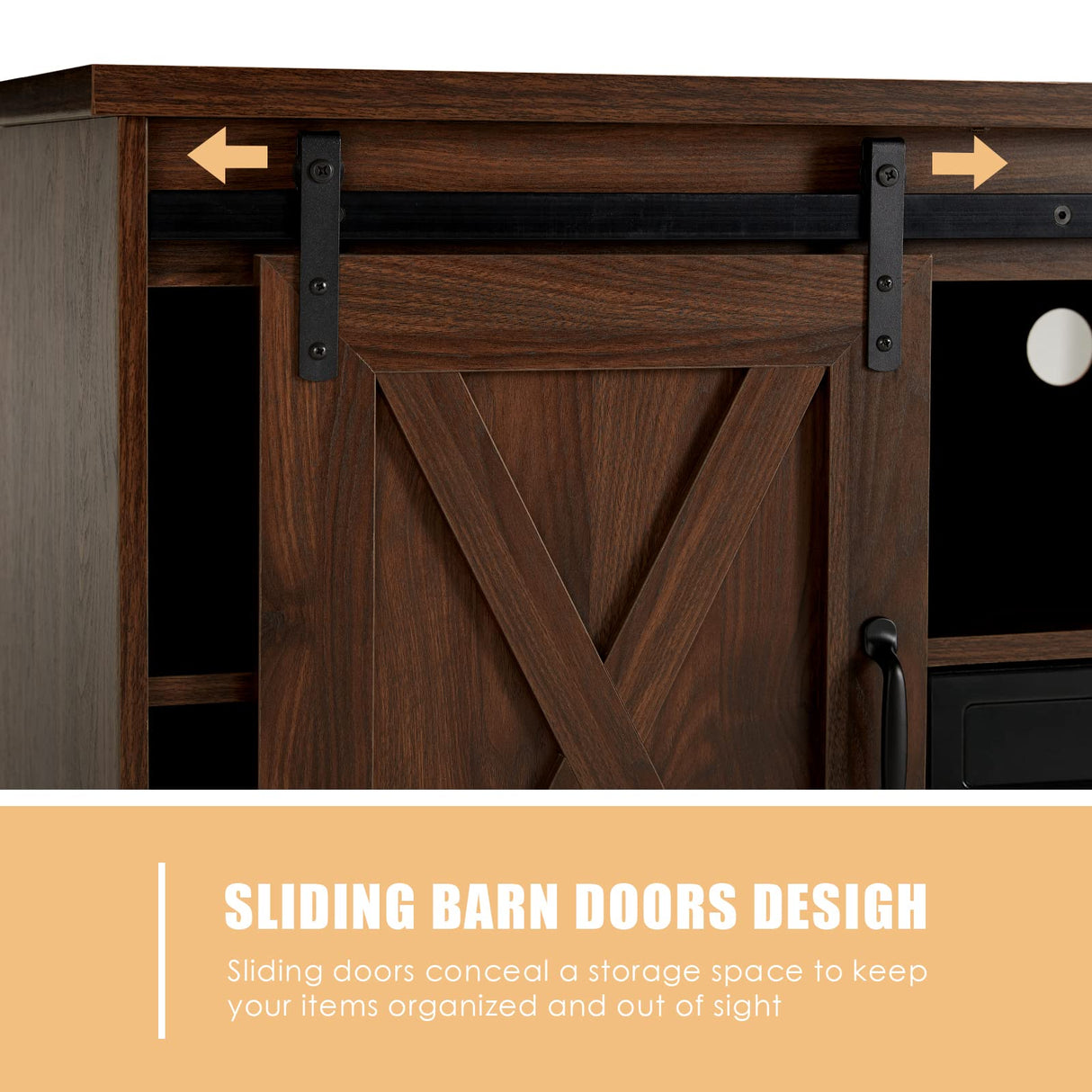 Fireplace TV Stand with Sliding Barn Door for TVs up to 65", Farmhouse 59" Fireplace Entertainment Center with Storage Cabinets/Adjustable Shelves, Dark Walnut AMERLIFE