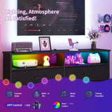 Dresser for bedroom, Black Bedroom Dresser with LED Lights and Charging Station, 6 Long Drawers Dresser, Tall Wide Fabric Chest of Drawers Storage Organizer TV Stand for up to 60" TV for Living Room SOOWERY