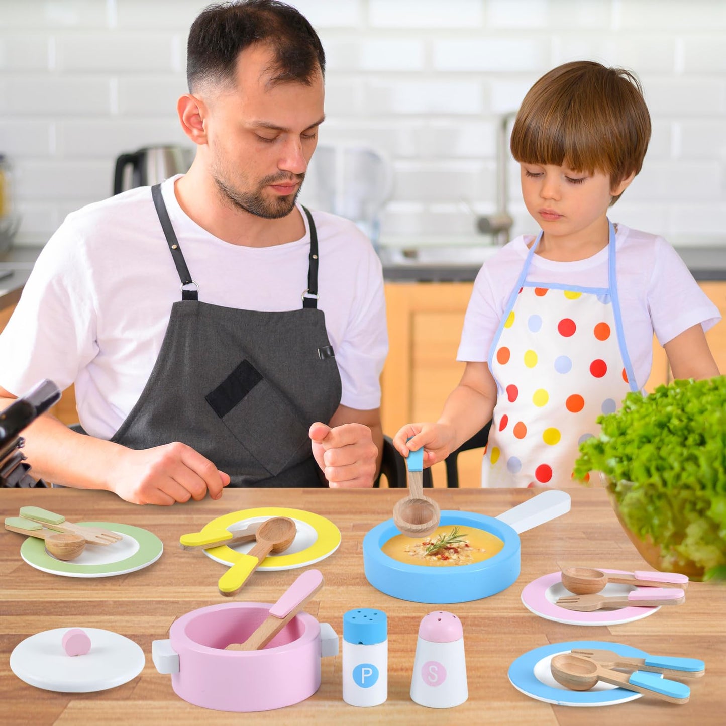 WHOHOLL Wooden Toy Kitchen & Play Dishes Set, Montessori Kitchen Toys for Girls and Boys, Pretend Play Kitchen Accessories Toddler Cooking Toys for Kids Ages 1-5 - Christmas Birthday Gift Set - WoodArtSupply