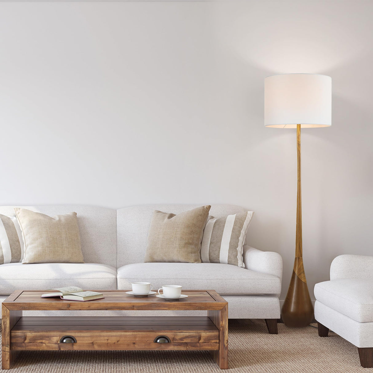 Globe Electric Novogratz x 67225 65" Floor Lamp, 2-Tone Wood Toned Base, White Fabric Shade, Socket Rotary Switch, Living Room Décor, Reading Light, Home Essentials, Bedroom, Office Accessories Globe Electric