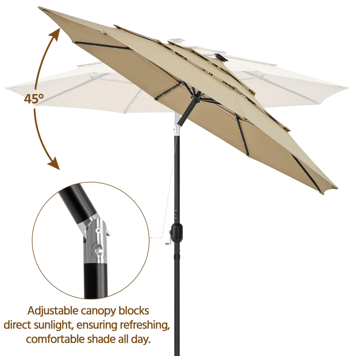 Yaheetech 10ft 3-Tier Vented Solar Patio Umbrella, Table Outdoor Market Umbrella with 24 LED Lights, 8 Sturdy Ribs Beach Umbrella with Tilt and Crank for Garden, Deck, Tan Yaheetech