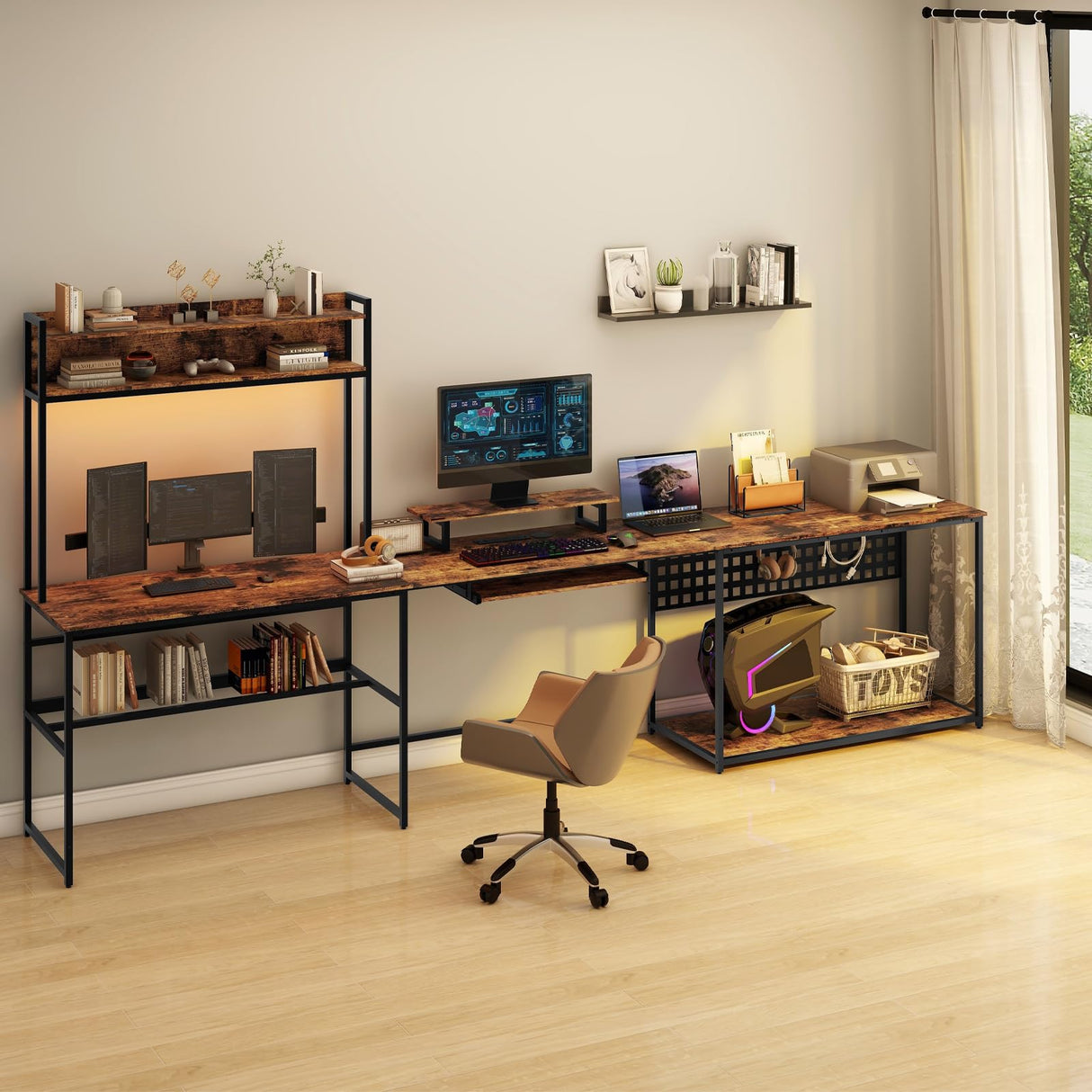 Halitaa U Shaped Desk with Power Outlet, L Shaped Office Desk with LED Lights and Monitor Stand, Reversible L-Shaped Computer Desk Suitable for Home Office, Corner, Gaming, Brown Halitaa