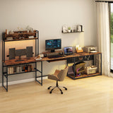 Halitaa U Shaped Desk with Power Outlet, L Shaped Office Desk with LED Lights and Monitor Stand, Reversible L-Shaped Computer Desk Suitable for Home Office, Corner, Gaming, Brown Halitaa