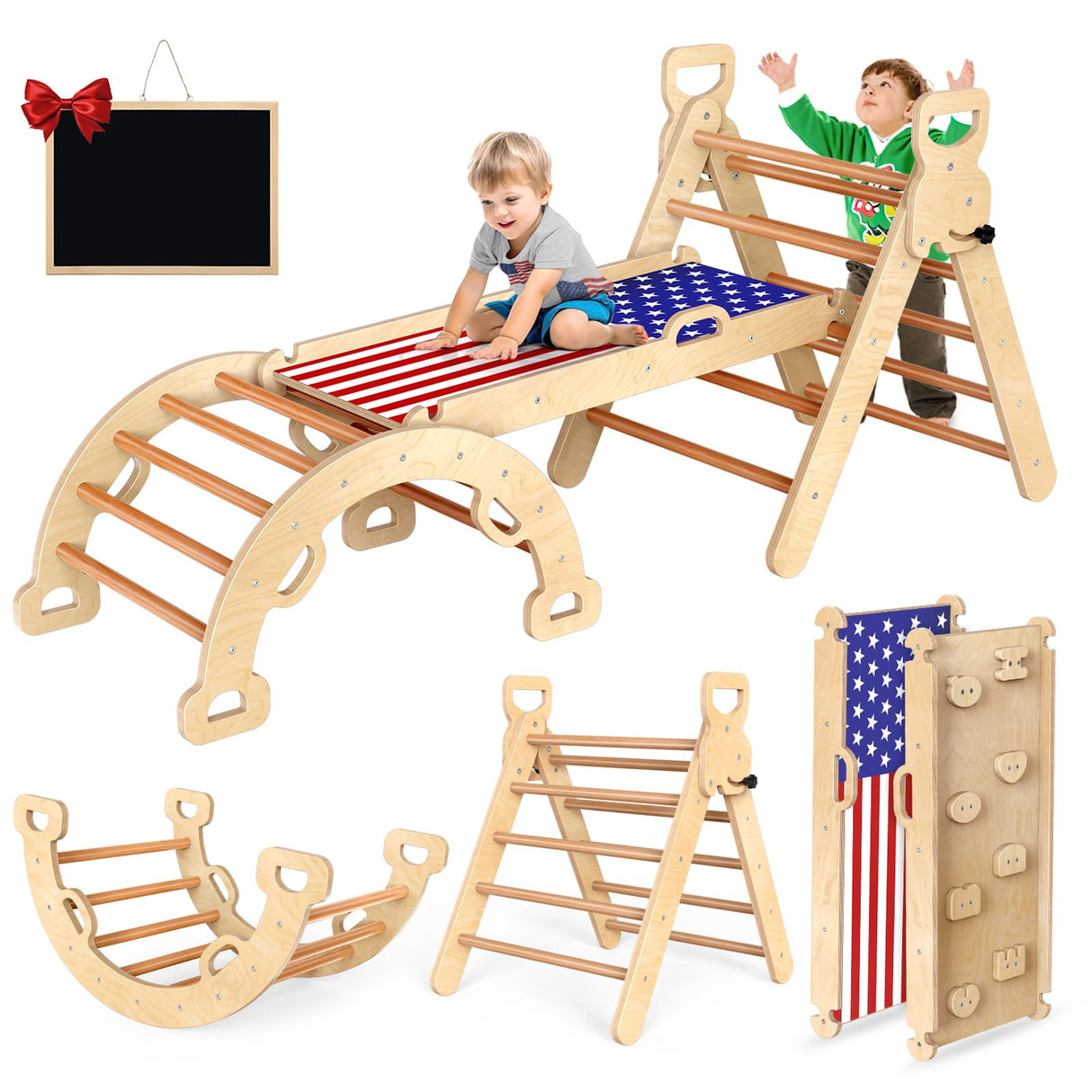 Xickboke Pikler Triangle Set Flag Style Wooden Montessori Climbing Set Foldable Pickler-3-Piece Climbing Gym with Triangle Climbing Frame, Arch, Ramp, Indoor Climbing Toys for Children Aged 1-3 Xickboke