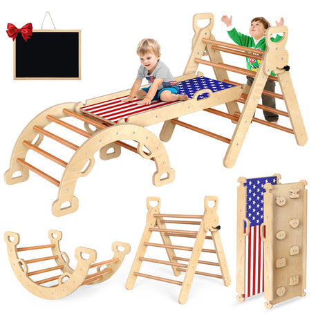 Xickboke Pikler Triangle Set Flag Style Wooden Montessori Climbing Set Foldable Pickler-3-Piece Climbing Gym with Triangle Climbing Frame, Arch, Ramp, Indoor Climbing Toys for Children Aged 1-3 Xickboke