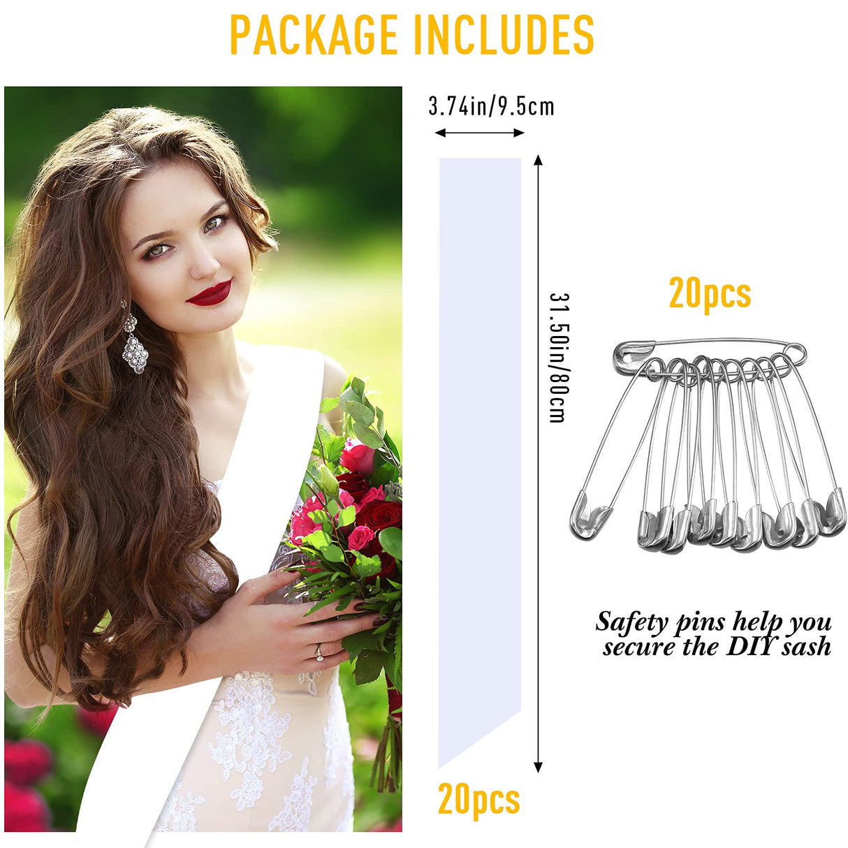 Funtery 20 Pieces White Blank Sash Sublimation Pageant Sashes DIY Plain Sash with Safety Pins for HTV Vinyl Hot Foil Printing Homecoming Pageants Wedding Birthday Party Supplies Funtery