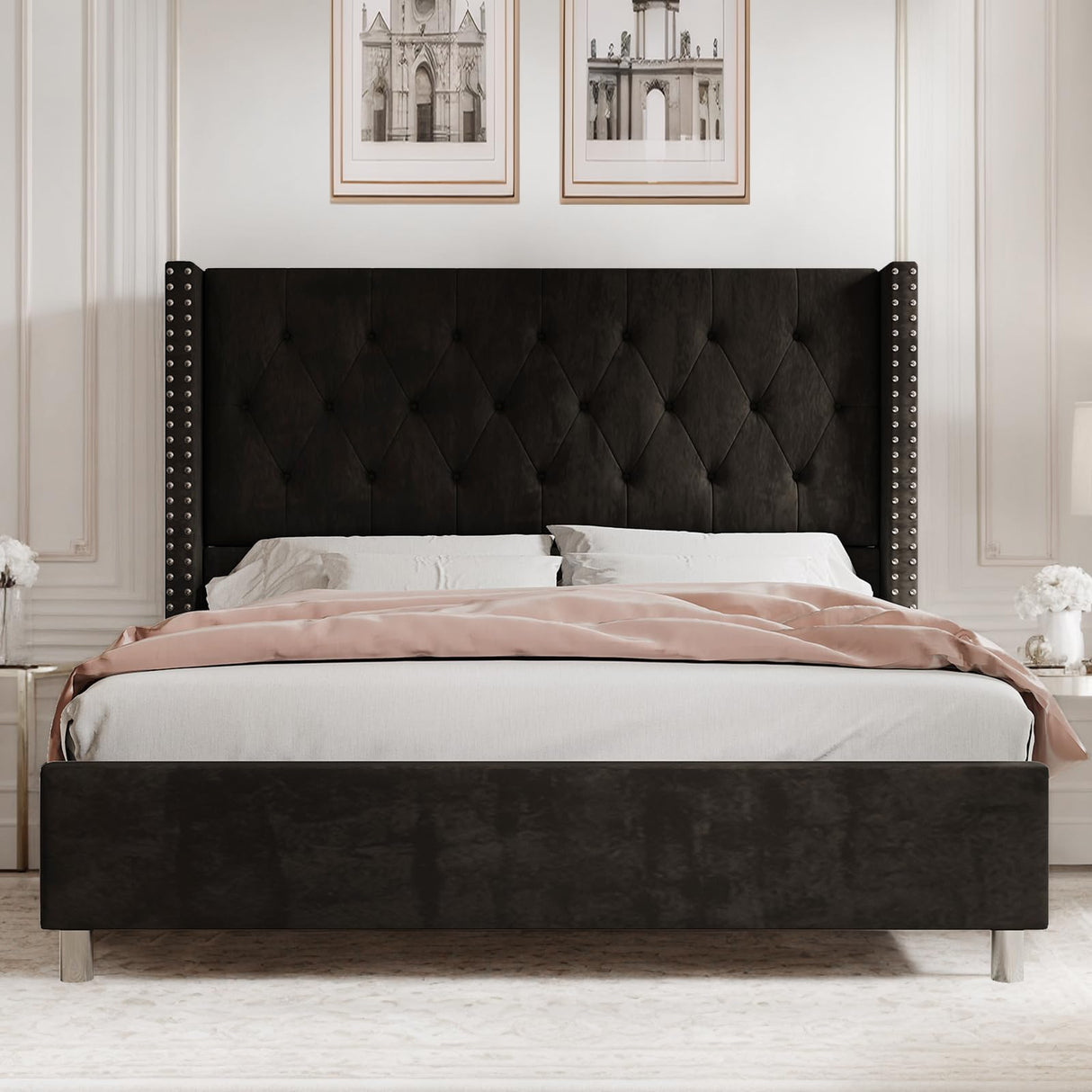 PaPaJet Upholstered Queen Bed Frame with Tall Headboard, Wingback Platform Bed, Low Profile Velvet Tufted Button, No Box Spring Needed, Easy Assembly, Black PaPaJet