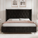 PaPaJet Upholstered Queen Bed Frame with Tall Headboard, Wingback Platform Bed, Low Profile Velvet Tufted Button, No Box Spring Needed, Easy Assembly, Black PaPaJet