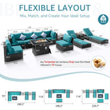 NICESOUL 11-Piece Patio Furniture with Chaise Lounge, Modern Wicker Outdoor Sectional with Fire Pit, Comfortable 29.3'' High-Back Conversation Seating, Heavy Duty All-Weather Couch Set, Grey & Teal NICESOUL