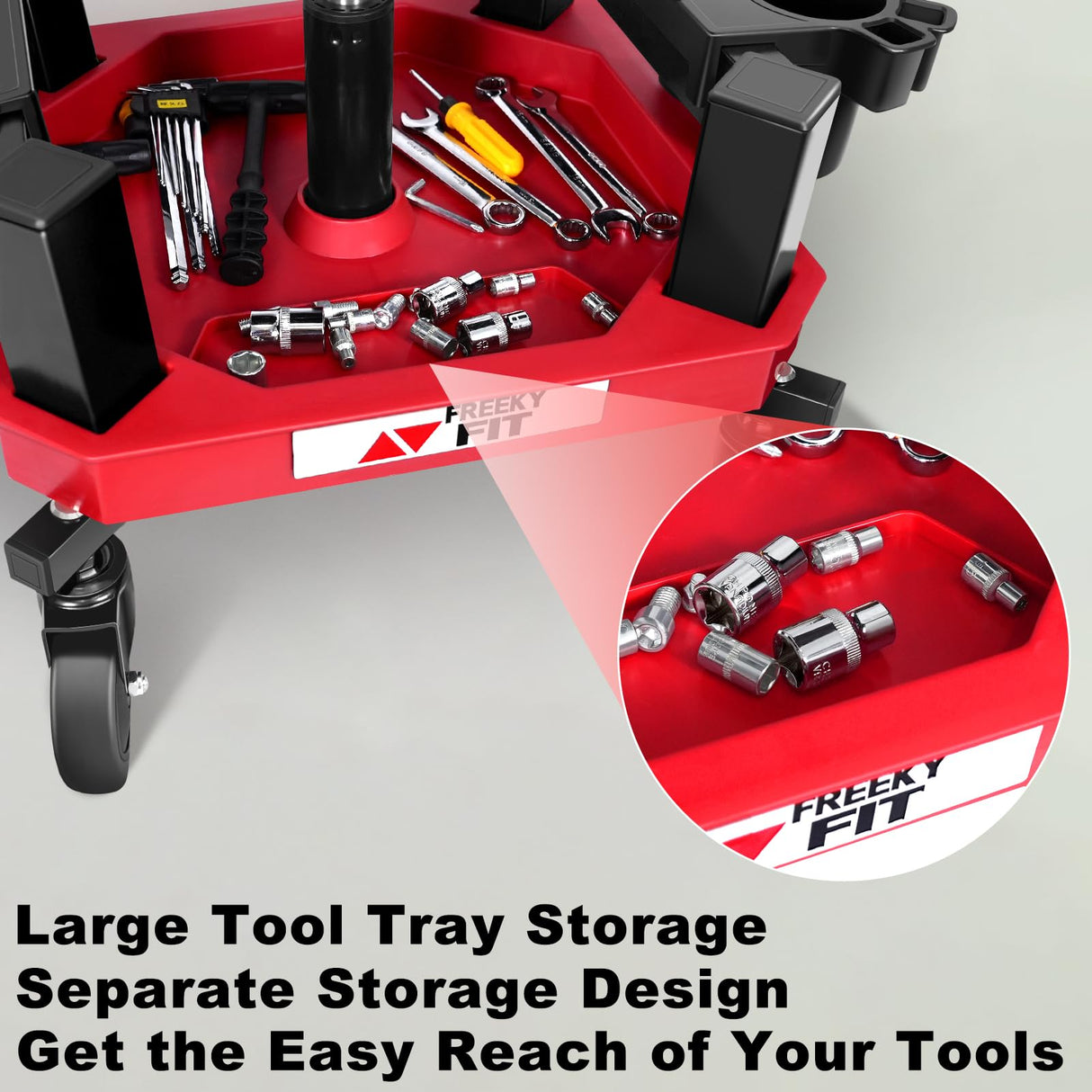 FreekyFit Rolling Shop Stool with Wheels, Adjustable Garage Mechanic Stool Seat Shop Roller Work Chair Mobile Rolling Seat with Tool Tray, 2 Cup Holders, 4" Casters, 350 LBS, Heavy-Duty, Red FreekyFit