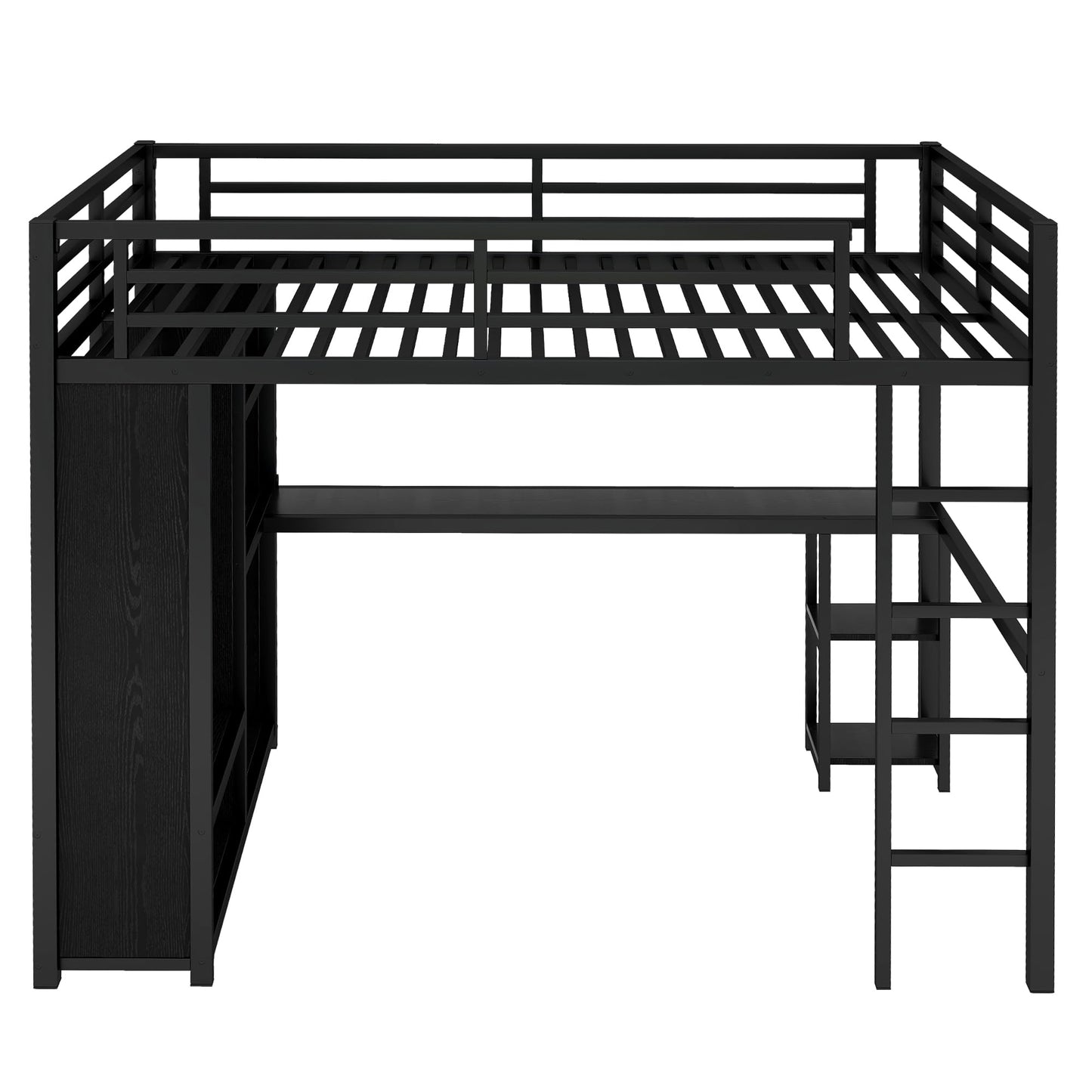 Queen Loft Bed with Desk and Storage Shelves, Loft Bed Queen Size, Queen Loft Bed with Wardrobe and Hanging Rod, Metal Loft Bed with Guardrail and Ladder, Queen Loft Bed for Adults Teens(Queen Balck)