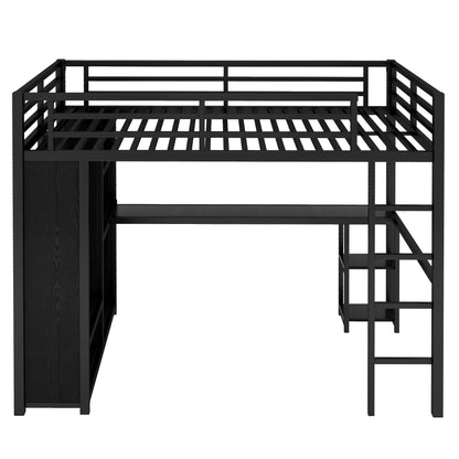 Queen Loft Bed with Desk and Storage Shelves, Loft Bed Queen Size, Queen Loft Bed with Wardrobe and Hanging Rod, Metal Loft Bed with Guardrail and Ladder, Queen Loft Bed for Adults Teens(Queen Balck)