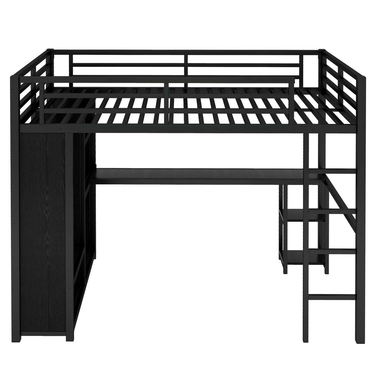 Queen Size Loft Bed with Desk and Storage Shelves, Queen Loft Bed with Wardrobe and Hanging Rod, Game Loft Beds with Guardrail and Ladder, Heavy Duty Loft Beds for Adults Teens, Balck Bellemave