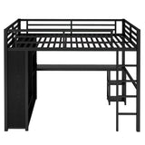 Queen Size Loft Bed with Desk and Storage Shelves, Queen Loft Bed with Wardrobe and Hanging Rod, Game Loft Beds with Guardrail and Ladder, Heavy Duty Loft Beds for Adults Teens, Balck Bellemave