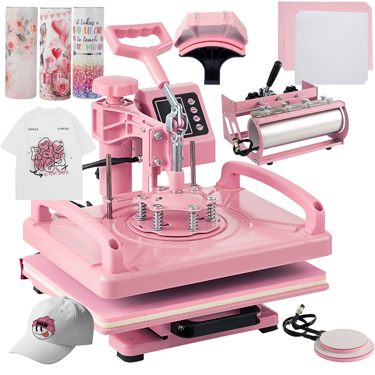 Leomru 5 in 1 Heat Press Machine 12x15 Inch, Heat Press Machine for T Shirts Hat Cap Mug Plate 360° Swing Away, Sublimation Heat Press Heat Transfer Machine W/ 30OZ Tumbler Press Pink Leomru