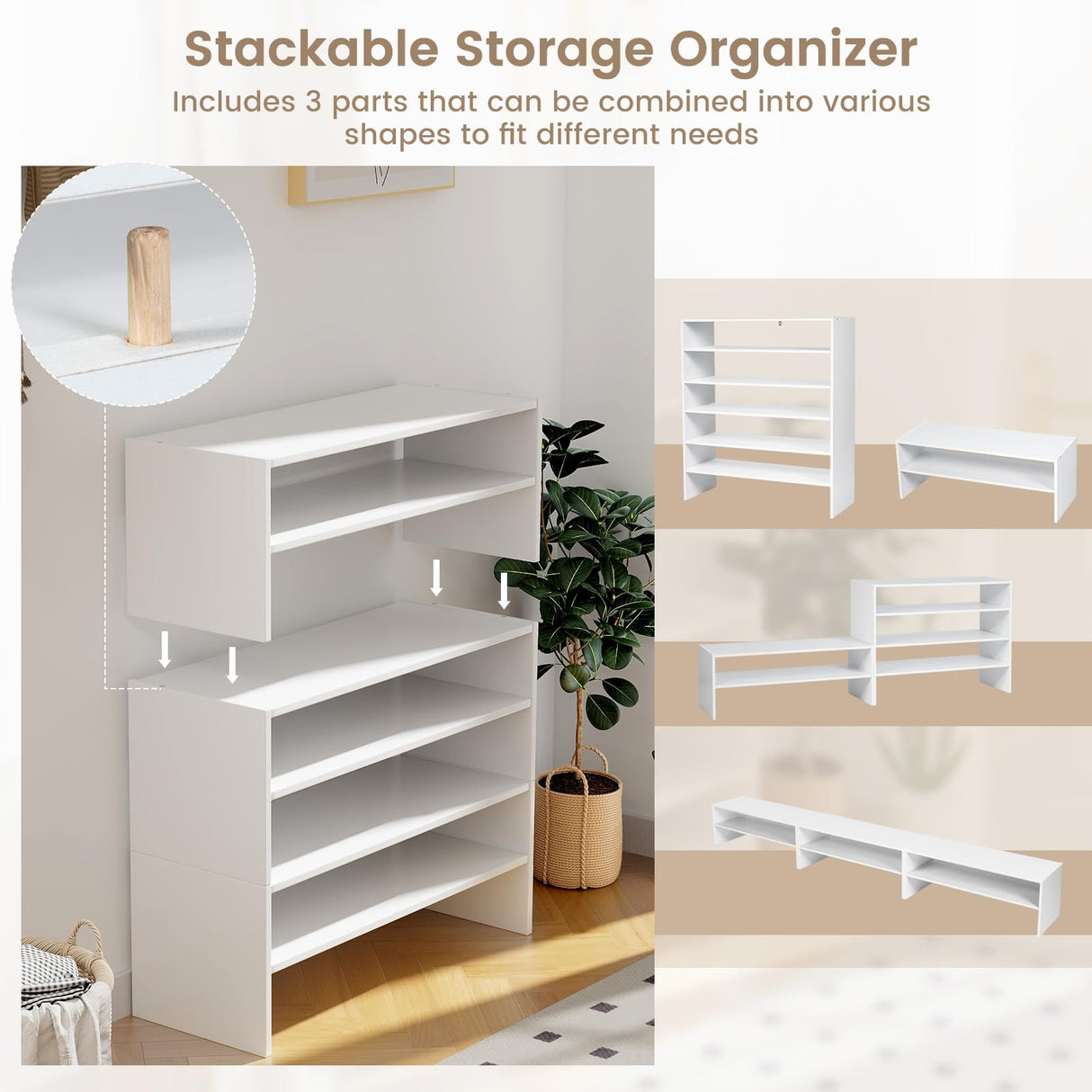 COSTWAY 6-Tier Shoe Rack, Extra Wide Shoe Shelf Organizer with Stackable Design, 31" Freestanding Storage Shoe Stand for Small Space Entryway Hallway Closet (White) COSTWAY