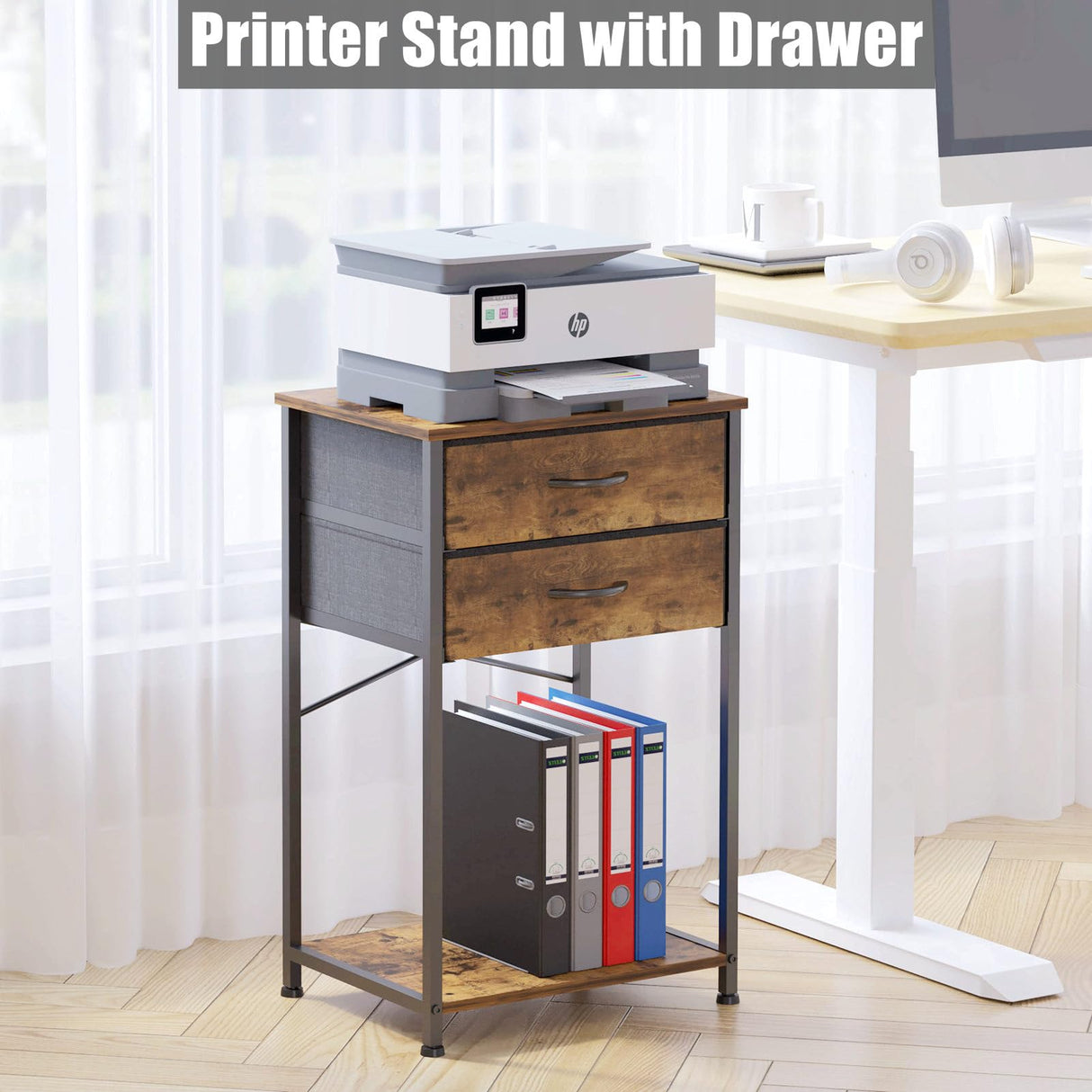 VonDream Nightstands Set of 2, End Table with Fabric Storage Drawer and Open Wood Shelf, Bedside Furniture with Steel Frame, Side Table for Bedroom, VonDream