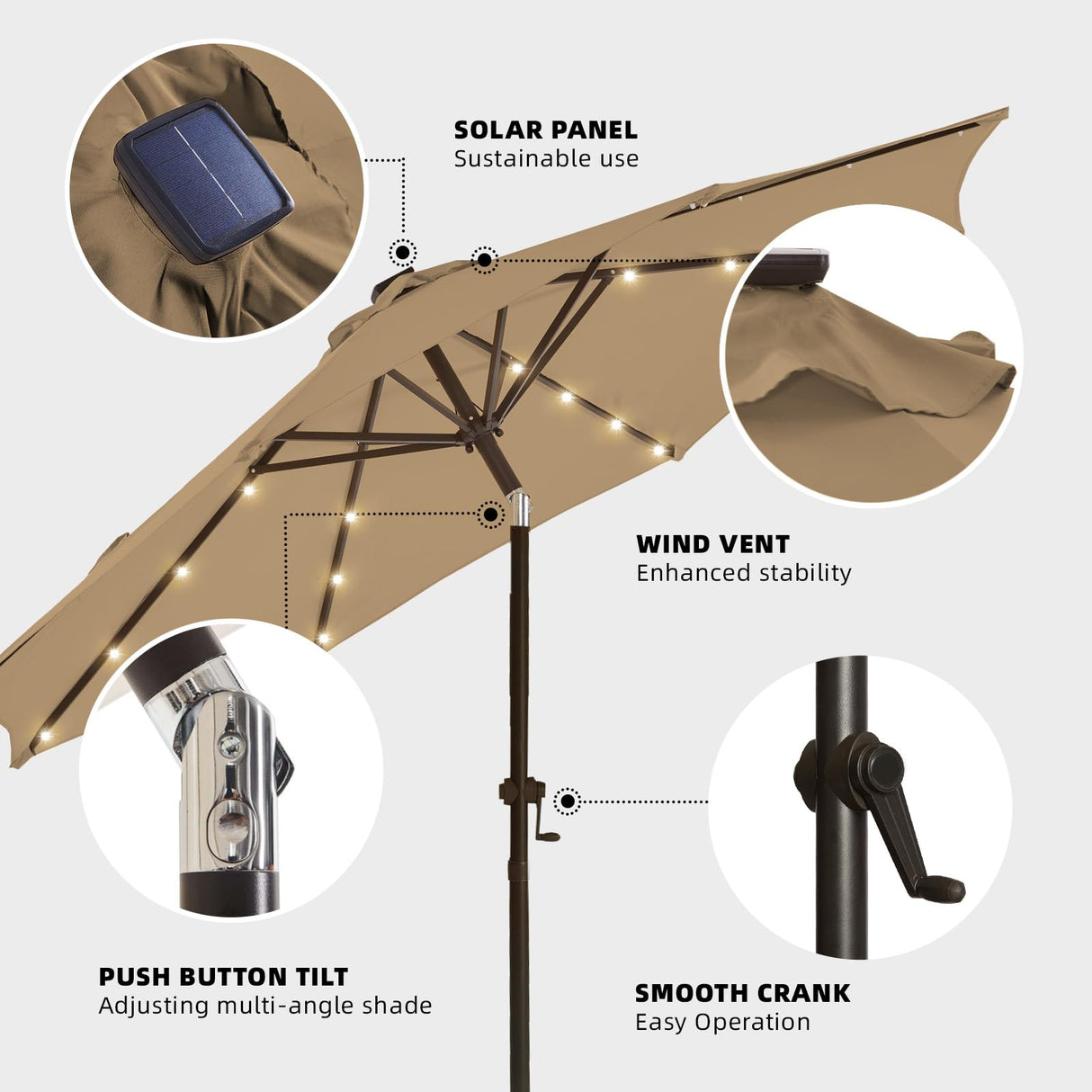 wikiwiki 10ft Solar Led Patio Umbrella, Sturdy Outdoor Market Umbrella for Deck, Pool, Garden w/Tilt, Crank, 32 LED Lights, Tan wikiwiki