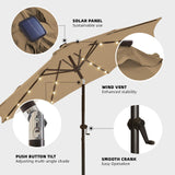 wikiwiki 10ft Solar Led Patio Umbrella, Sturdy Outdoor Market Umbrella for Deck, Pool, Garden w/Tilt, Crank, 32 LED Lights, Tan wikiwiki