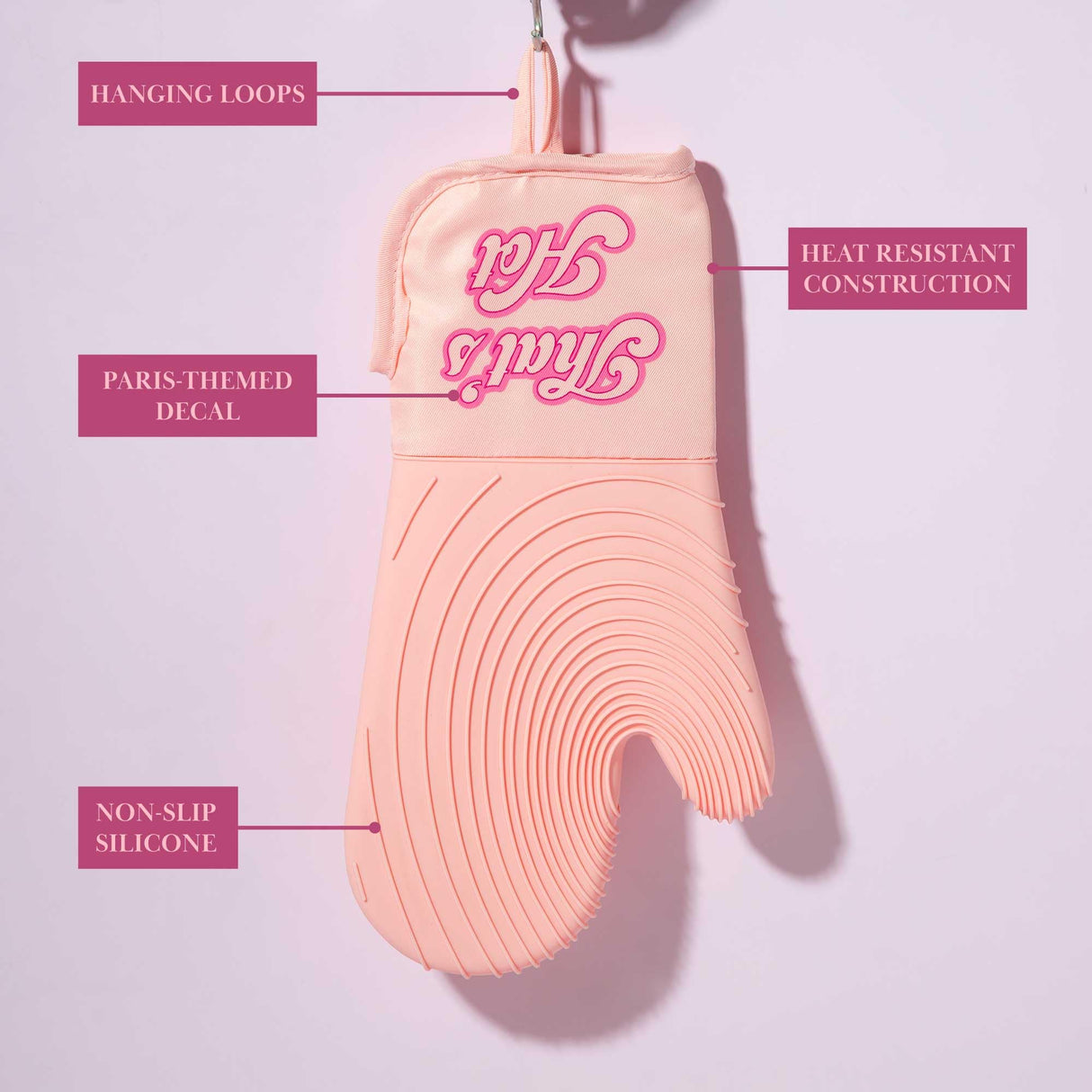 Paris Hilton Oven Mitt Set with Iconic That's HOT Design, Heat Resistant Pot Holders Featuring Non-Slip Textured Silicone Grips, 2-Piece Set, Pink Paris Hilton
