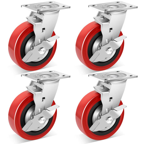 Nefish 6 Inch Industrial Grade Casters Wheels, Heavy Duty Polyurethane Casters Set of 4 with Dual Ball Bearing, Solid Polyurethane Wheel 4500 Lb, Plate Swivel Casters for Cart, Industrial, Machine Nefish