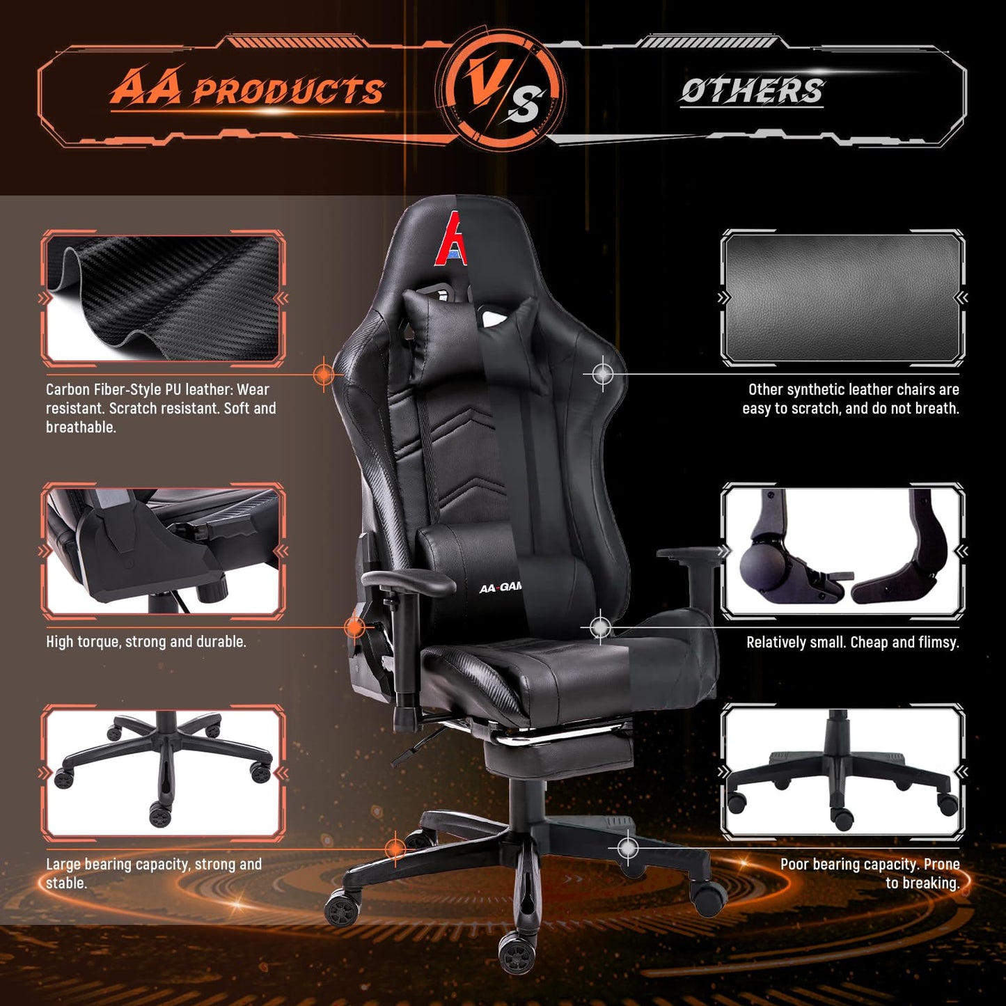 AA Products Gaming Chair Ergonomic High Back Computer Racing Chair Adjustable Office Chair with Footrest, Lumbar Support Swivel Chair - Black