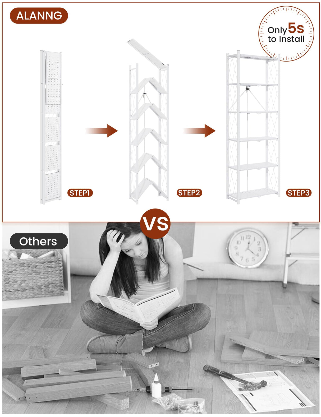 ALANNG 73.6 Inch Folding Bookshelf, 6 Tier Metal Bookcase and Bookshelves, Tall Shelves for Living Room Office Bedroom, Heavy Duty Book Shelve Free Standing Open (White, 1PACK) ALANNG