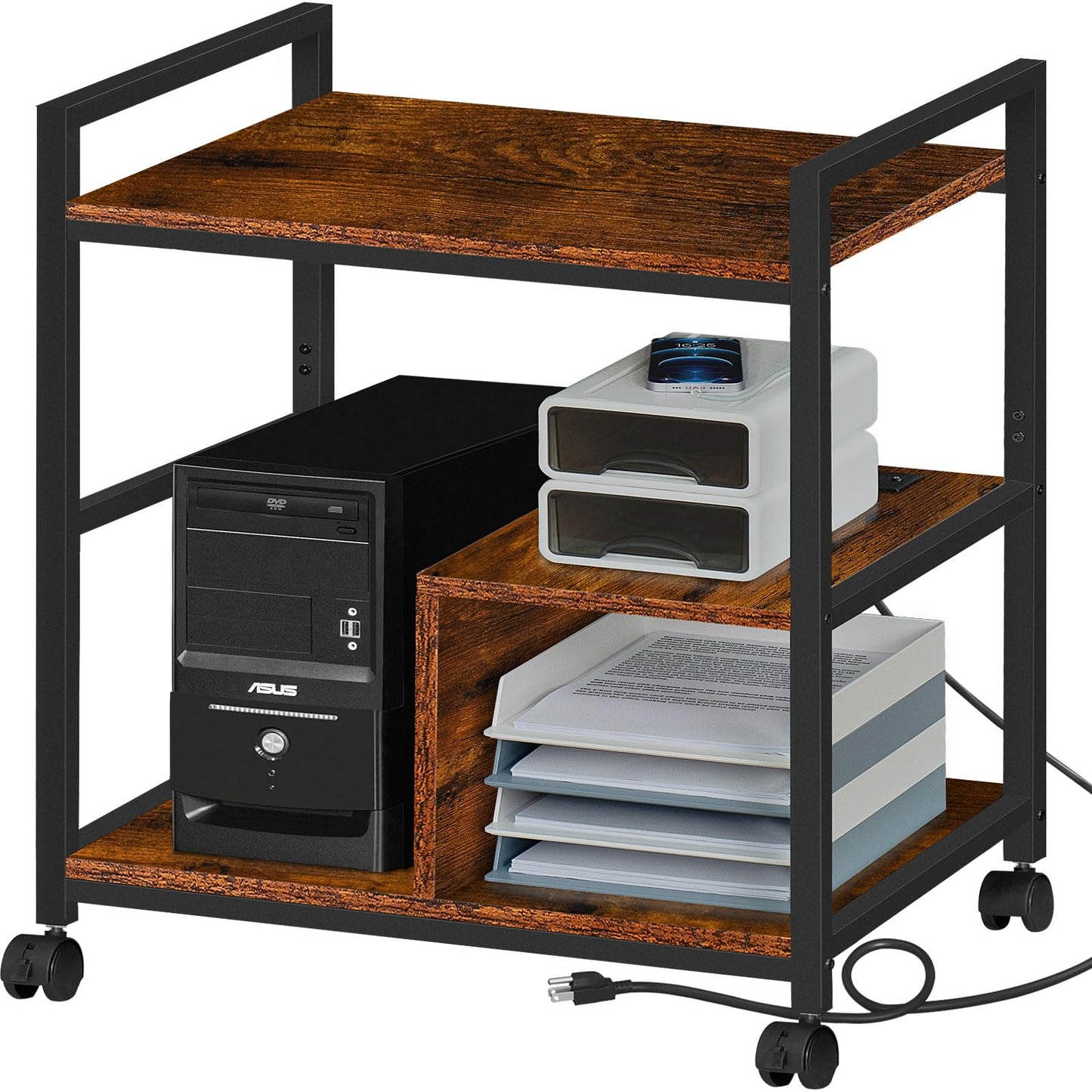 Lerliuo Printer Stand with Charging Station and USB Ports, Large 3-Tier Mobile Printer Table with Storage Shelf, Brown Rolling Industrial Printer Cart with Lockable Wheels for Home Office - WoodArtSupply