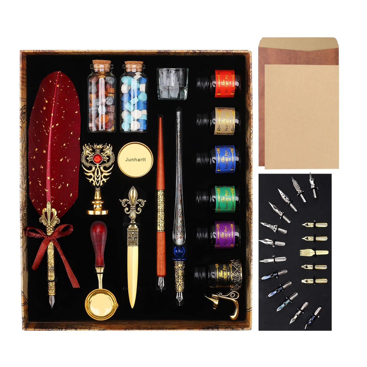 Junhartt Quill Feather Pen and Ink Set, Calligraphy Pen Glass Dip Pen and Wax Seal Stamp Kit (Red) Junhartt