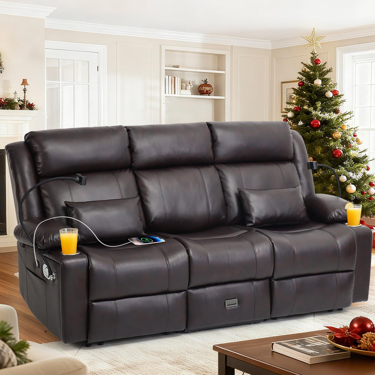 SENYUN 3-Seater Recliner Sofa, Flip Middle Backrest Manual Reclining Couch with Storage Drawer, Phone Holder and USB A&C Ports, Loveseat Recliner for Home Theater,Living Room,RV(Leather,Brown) SENYUN