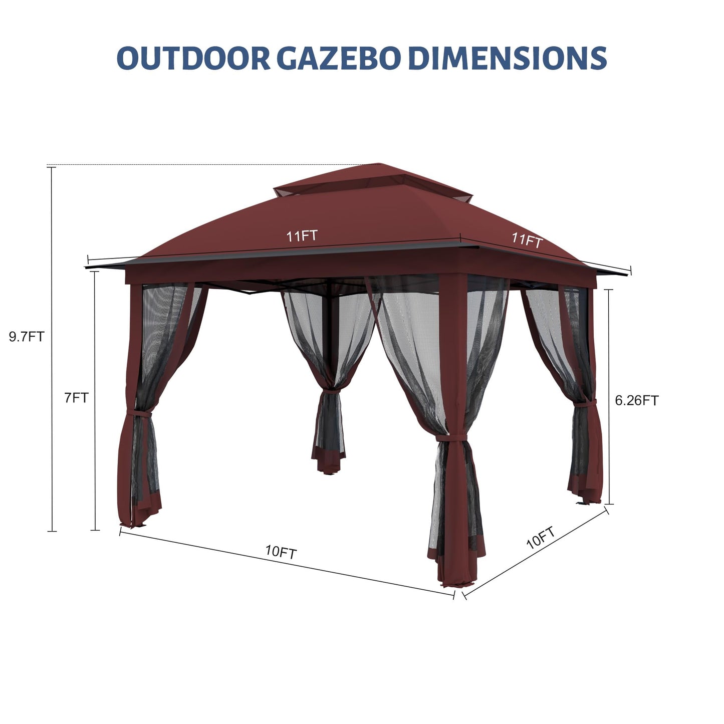 11'X11' Outdoor Gazebo, Pop Up Patio Gazebo with 4 Sidewalls Mosquito Netting, Heavy Duty Gazebo Canopy Tent with Double Air Roofs for Backyards, Patios, Decks, Gardens, Parks (Red)