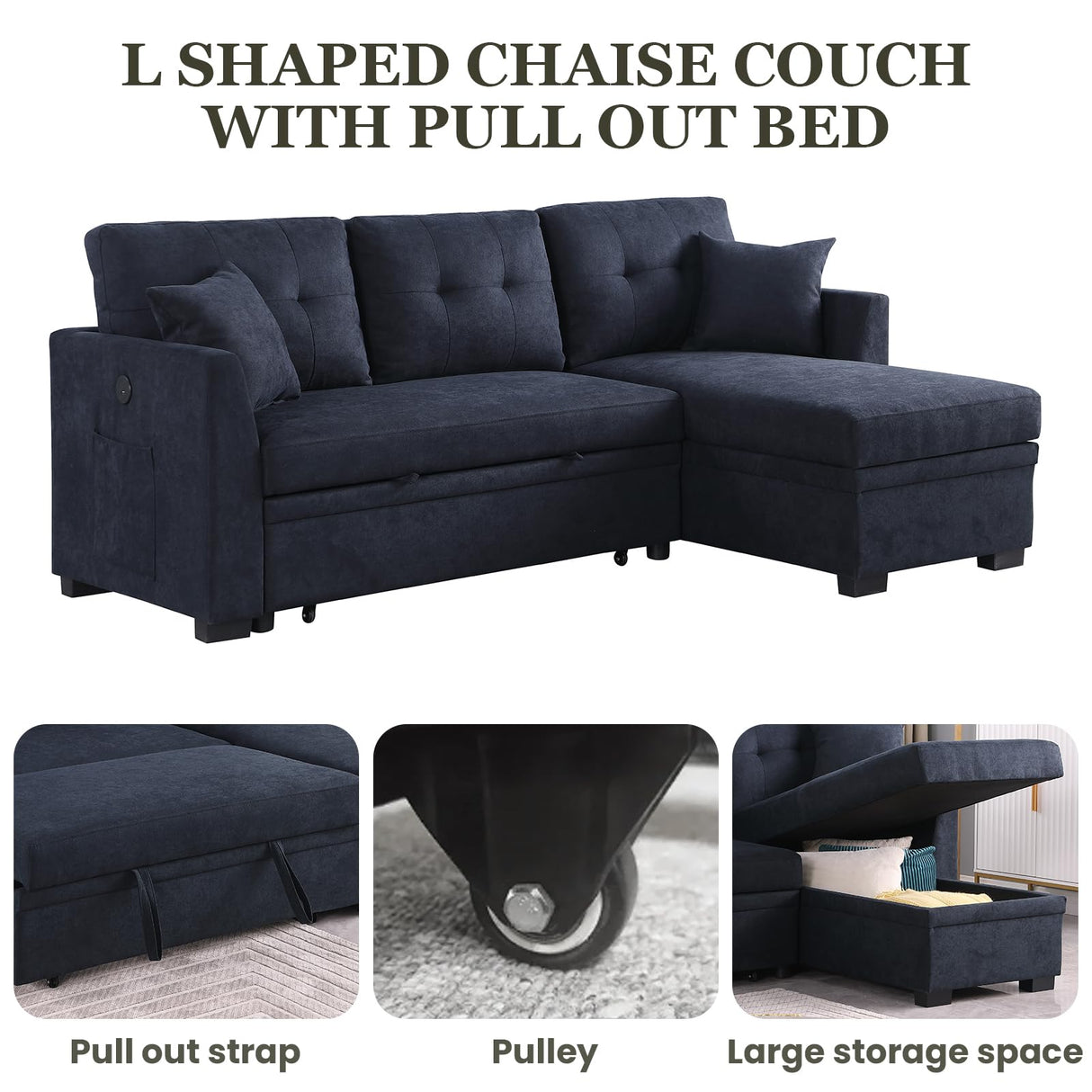 Yafylly L-Shaped Sofa with Storage and Pull-Out Bed, Convertible Futon Chaise Lounge with Ports, Recliner for Living Room, Bedroom, Apartment, Office, Dark Blue Yafylly